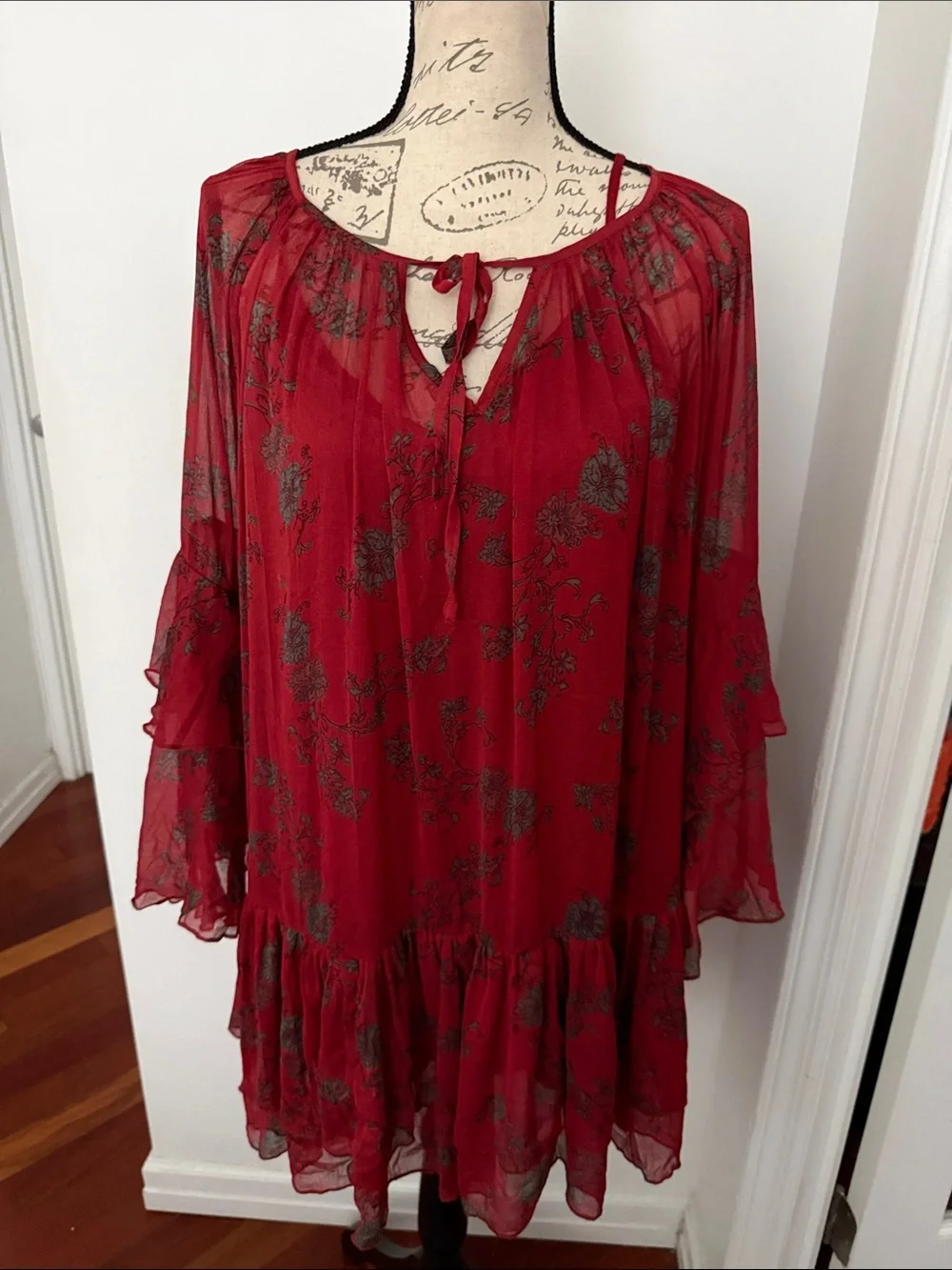 Free People Red Floral Tie-Neck Ruffle Tunic